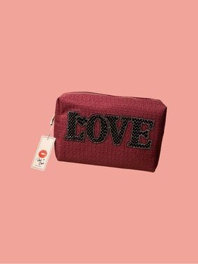IMOSHION Pink Rhinestone Love Cosmetic Bag Makeup Pouch Zip
